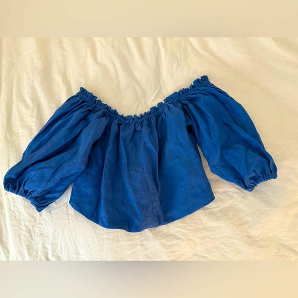 100% linen Blue Off-Shoulder Puff Sleeve Crop Top - Picture 1 of 5